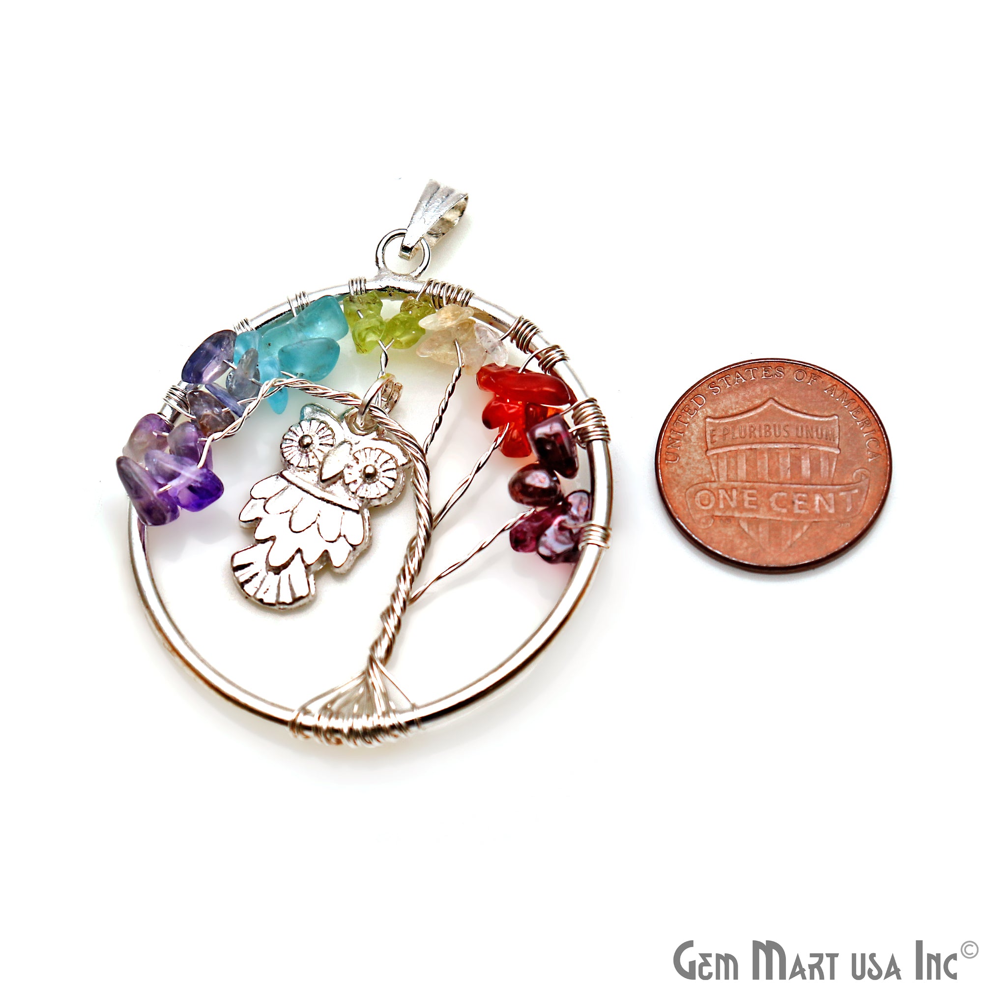 Multi Color Stone Silver Wire Wrapped Pendant With Owl 45x40mm - GemMartUSA