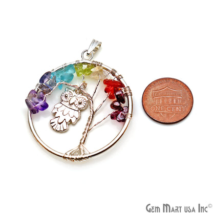 Multi Color Stone Silver Wire Wrapped Pendant With Owl 45x40mm - GemMartUSA