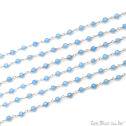 Light Blue Jade Faceted Beads 4mm Silver Plated Wire Wrapped Rosary Chain