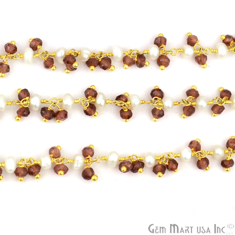 Garnet With Pearl Faceted Beads Gold Wire Wrapped Cluster Dangle Chain - GemMartUSA (764170567727)