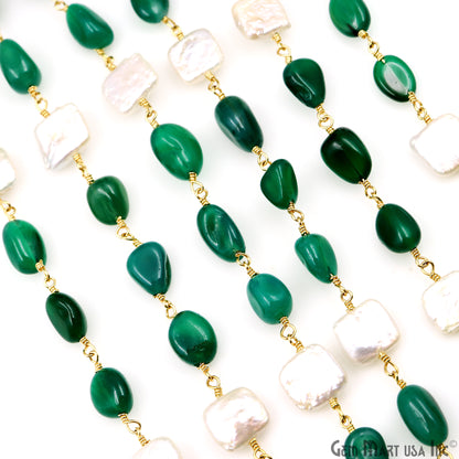 Green Onyx & Pearl Tumble Beads Gold Plated Rosary Chain