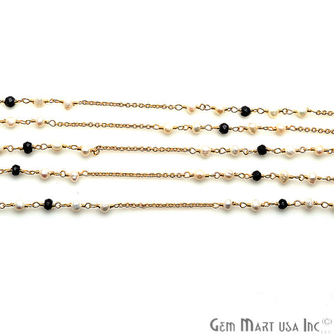 Black Spinel & Pearl Multi Gemstone Beaded Wire Wrapped Rosary Chain