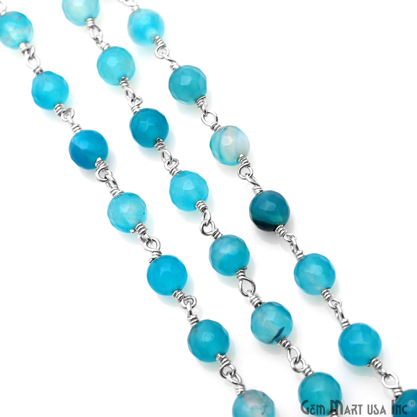 Sky Blue Jade 6mm Silver Plated Wire Wrapped Rosary Chain