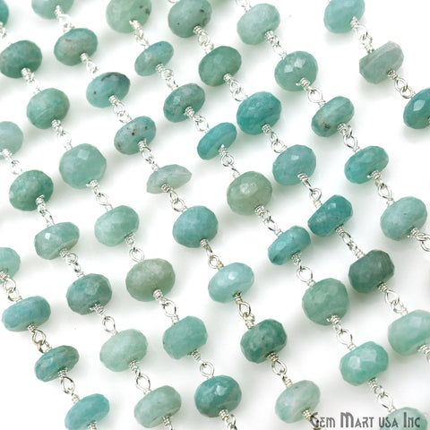Amazonite 8-9mm Silver Plated Faceted Rondelle Beads Wire Wrapped Rosary Chain