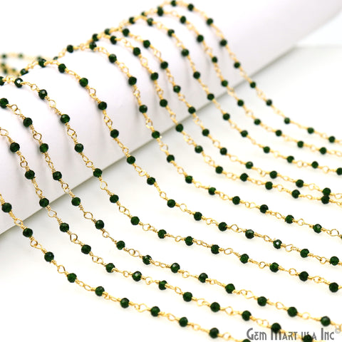 Green Zircon 2-2.5mm Tiny Beads Gold Plated Wire Wrapped Rosary Chain