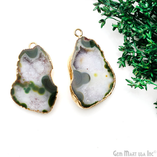 Geode Druzy 43x25mm Organic Gold Electroplated Single Bail Gemstone Earring Connector 1 Pair