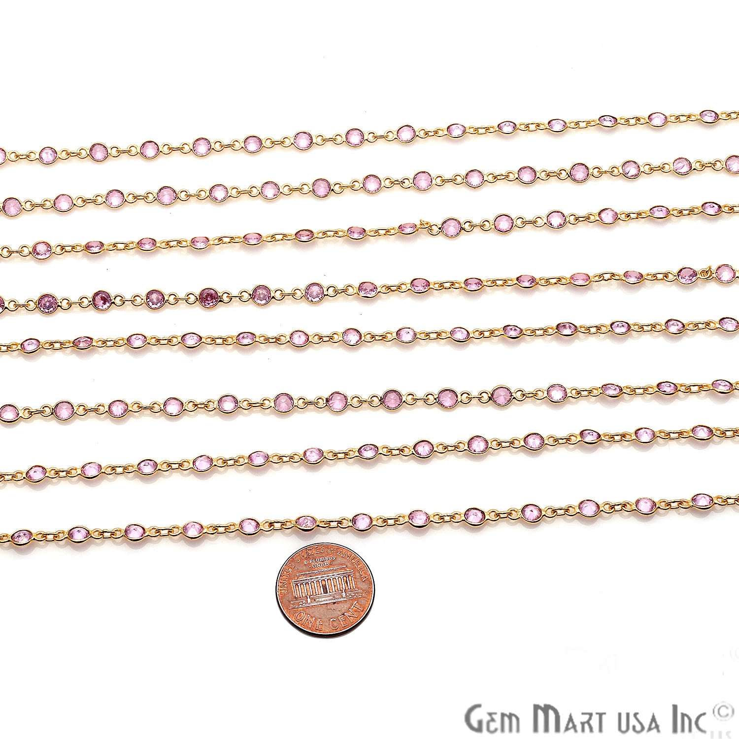Pink Zirconia 4mm Round Gold Plated Continuous Connector Chain - GemMartUSA