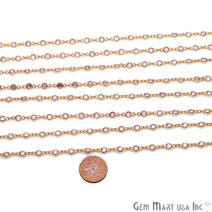 Pink Zirconia 4mm Round Gold Plated Continuous Connector Chain - GemMartUSA