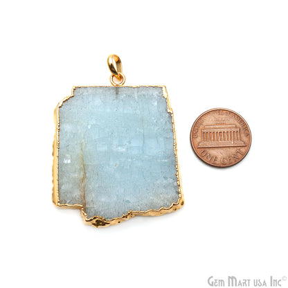 Aquamarine Free Form shape 46x39mm Gold Electroplated Gemstone Single Bail Pendant