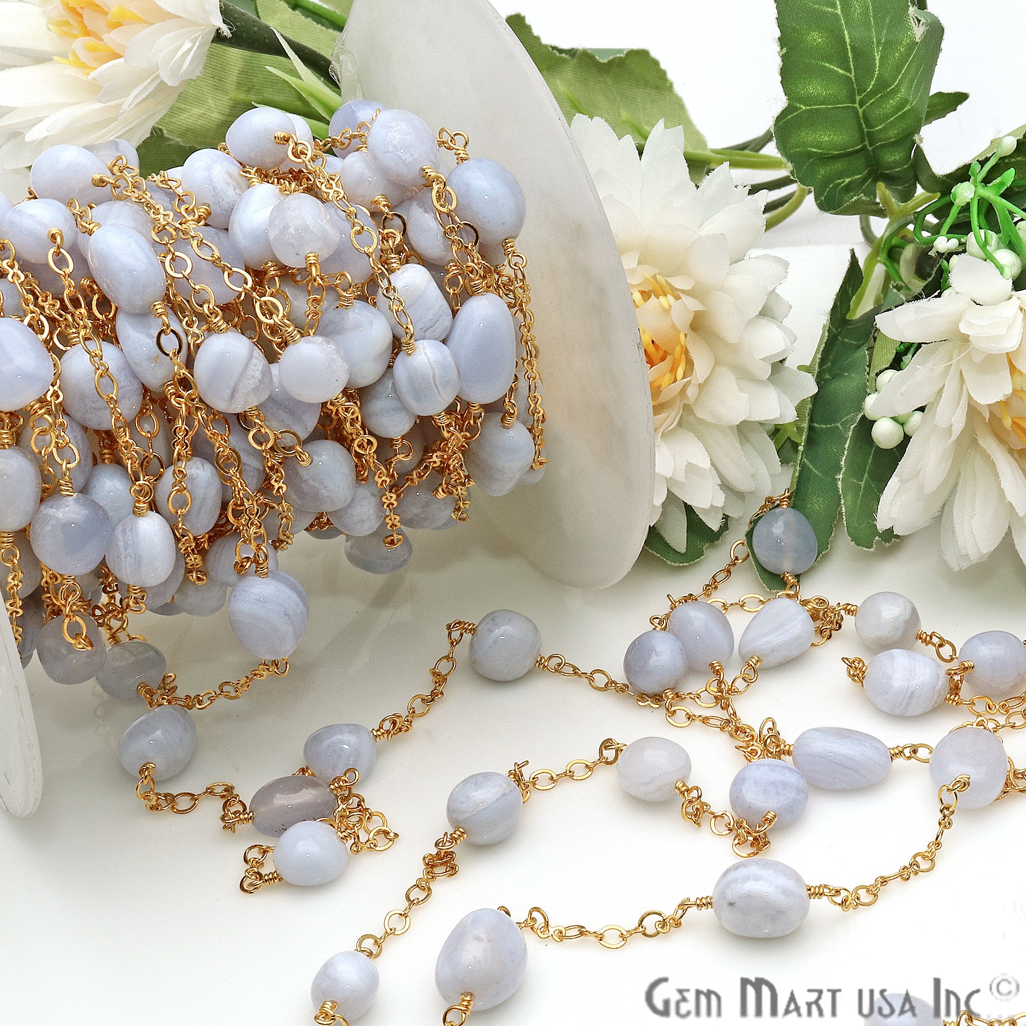 Blue Lace Agate Tumble Beads Gold Plated Rosary Chain - GemMartUSA