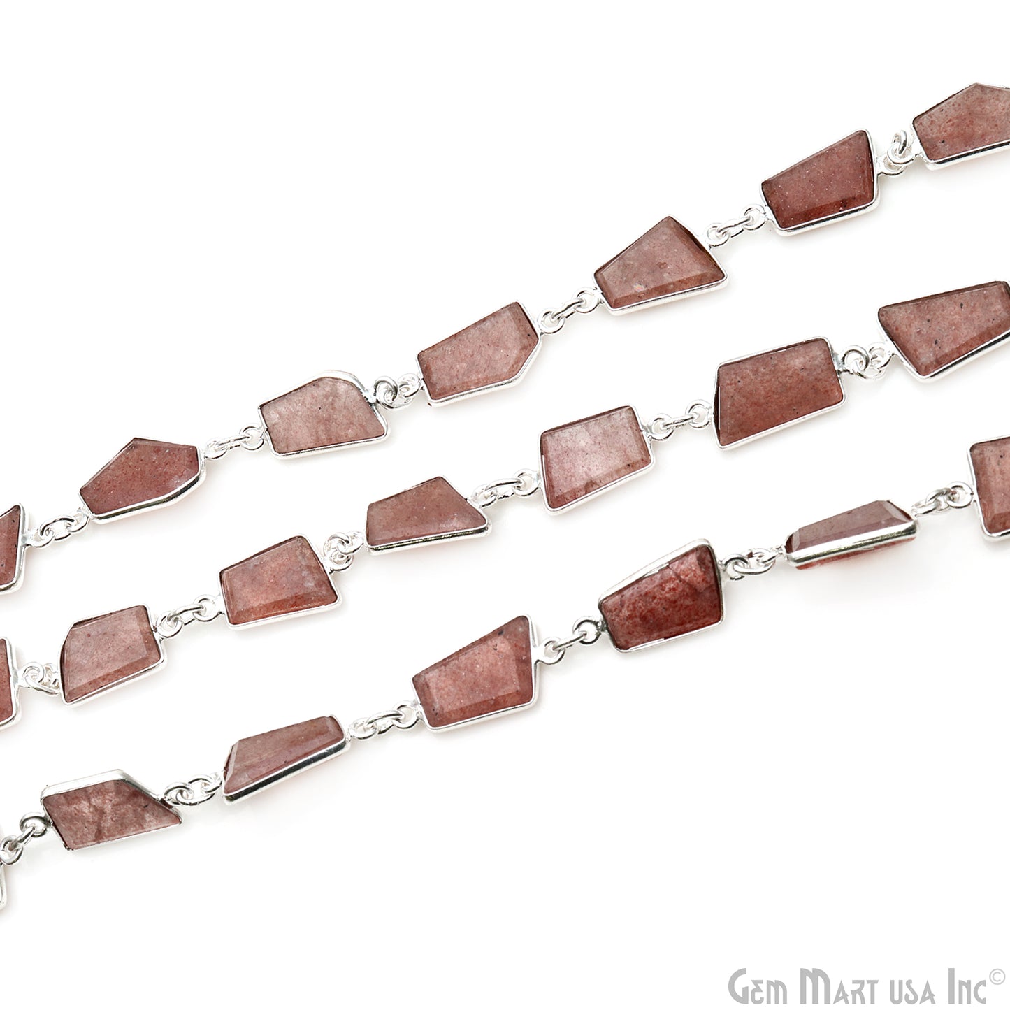 Strawberry Quartz 10-15mm Faceted Free Form Silver Bezel Connector Chain