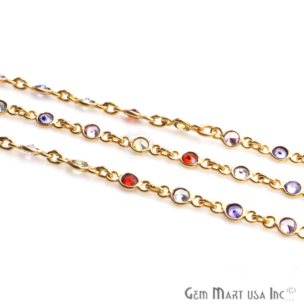 Multi Color Zircon 4mm Round Shape Gold Plated Continuous Connector Chain - GemMartUSA