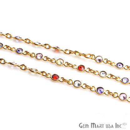 Multi Color Zircon 4mm Round Shape Gold Plated Continuous Connector Chain - GemMartUSA