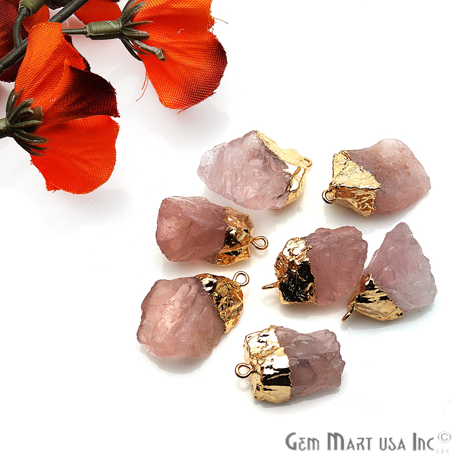 Rough Rose Quartz Gemstone 25x18mm Organic Gold Edged Single Bail Connector Charm - GemMartUSA