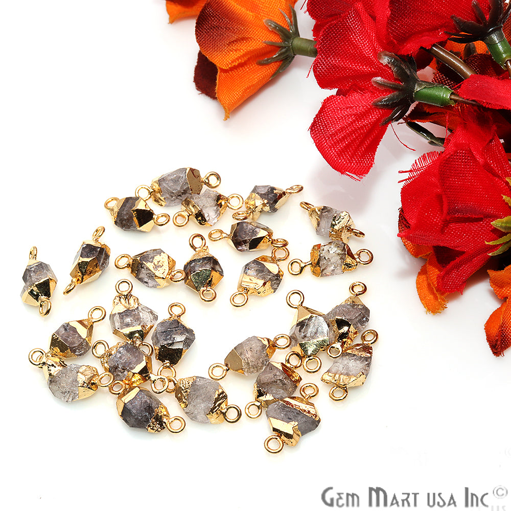 Rough Herkimer Diamond Gemstone 20x8mm Organic Gold Edged Double Bail Connector Charm - GemMartUSA