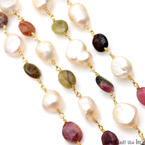 Multi Tourmaline & Pearl Rondelle Beads 10x6mm Gold Plated Wire Wrapped Rosary Chain