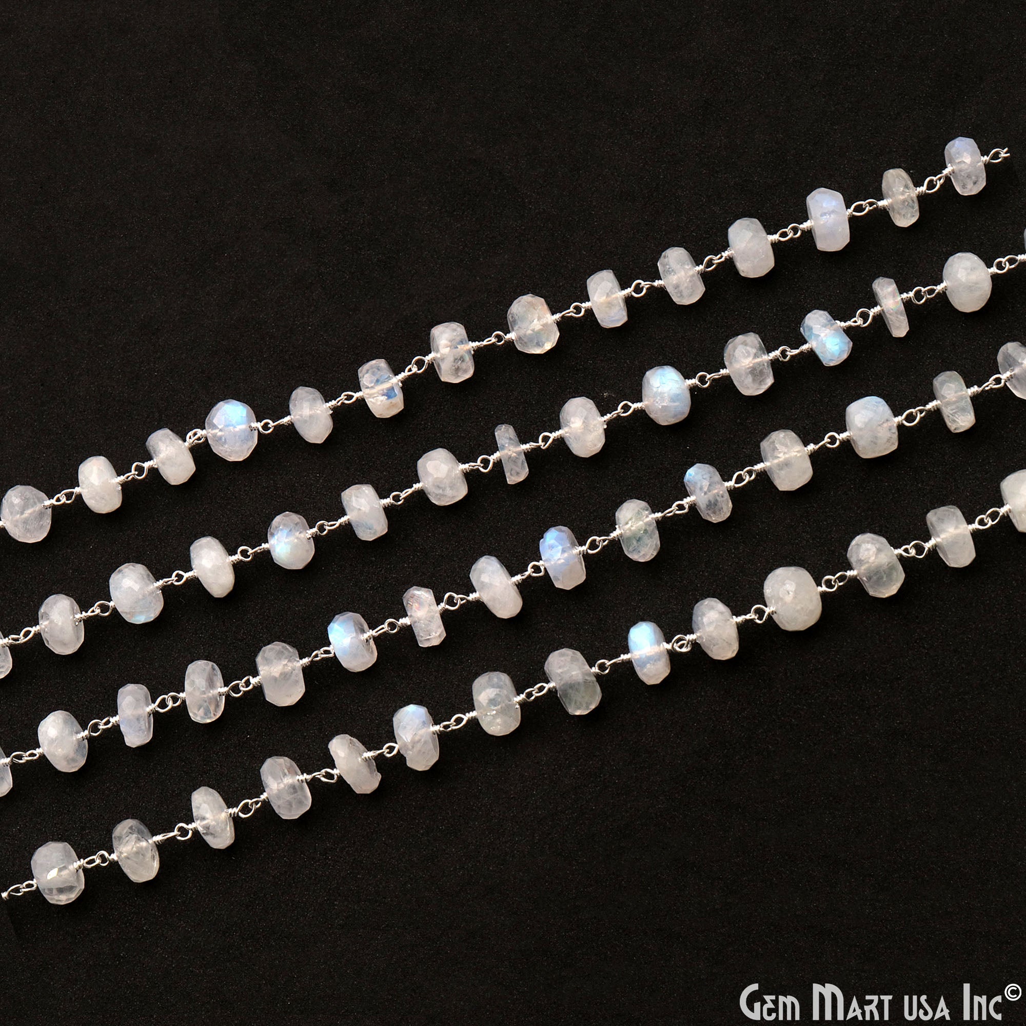 Rainbow Moonstone 7-8mm Silver Plated Wire Wrapped Beads Rosary Chain (763703230511)