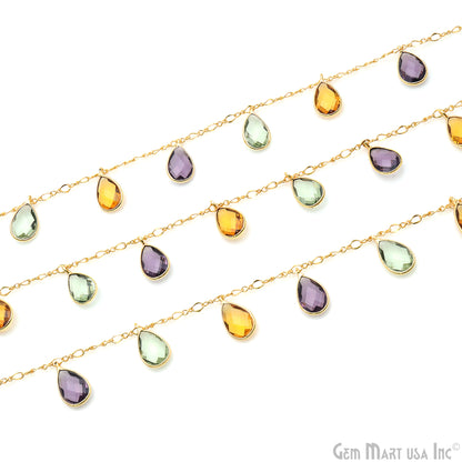 Green Amethyst, Citrine, Amethyst Pears Gold Bezel Connector Dangle Rosary Chain