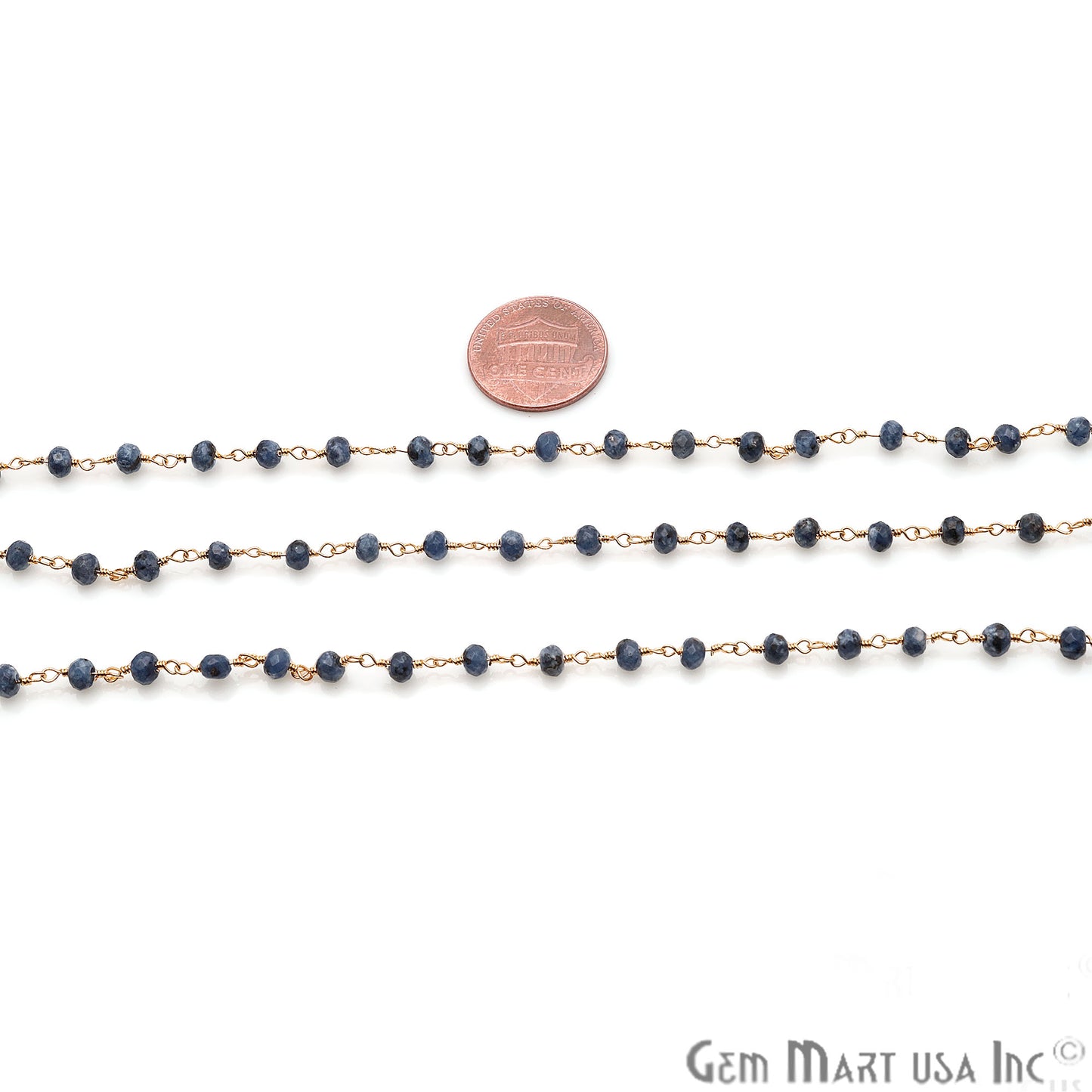 Sodalite Jade Faceted Beads 4mm Gold Plated Wire Wrapped Rosary Chain - GemMartUSA