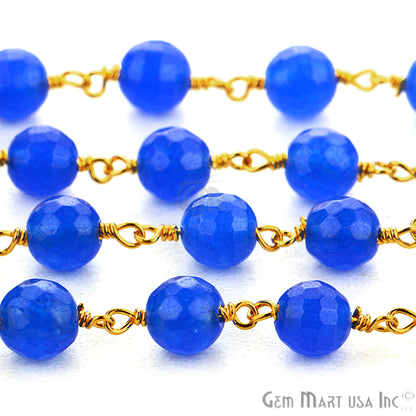 Blue Jade 6mm Beads Gold Plated Wire Wrapped Rosary Chain - GemMartUSA (762911490095)