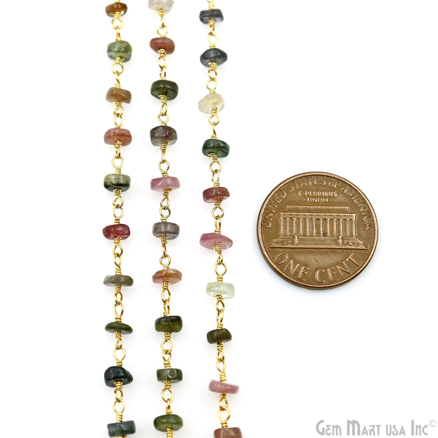 Multi Tourmaline Cabochon 4-5mm Gold Wire Wrapped Rosary Chain