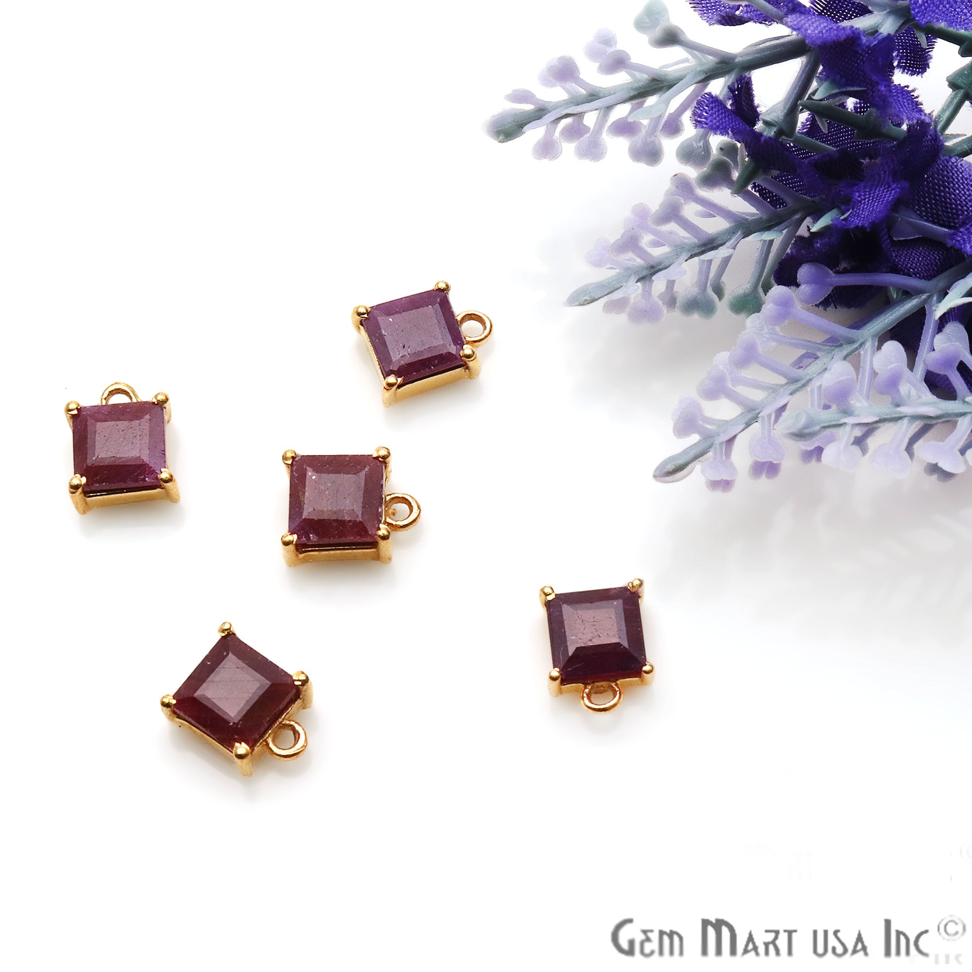 Ruby Square 5mm Prong Setting Gold Plated Gemstone Connector - GemMartUSA