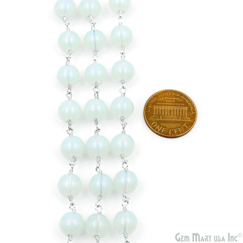 White Opal Smooth Beads 8mm Silver Plated Wire Wrapped Rosary Chain
