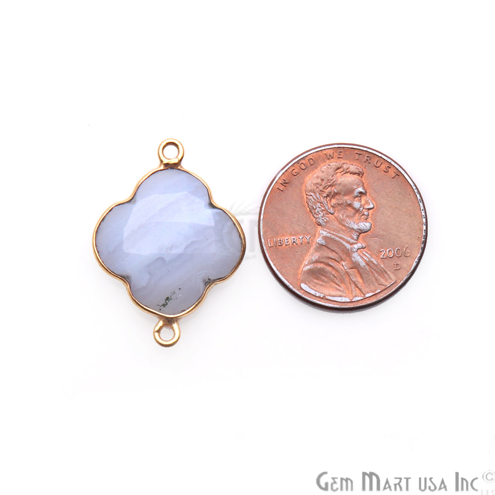 Blue Lace Agate Clover 24x17mm Gold Plated Double Bail Gemstone Connector - GemMartUSA
