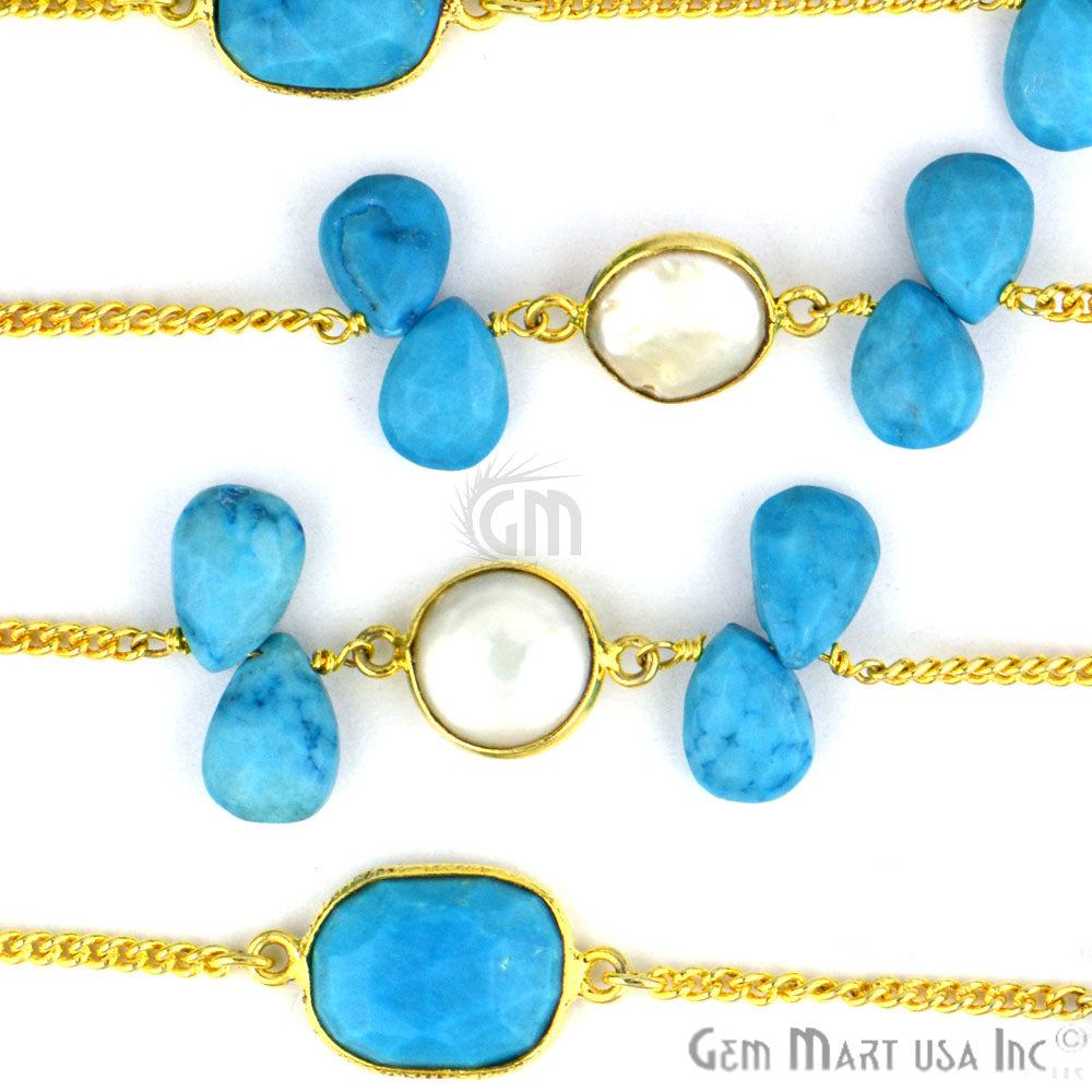 Turquoise 10-15mm Beads With Pearl Gold Plated Wire Wrapped Rosary - GemMartUSA
