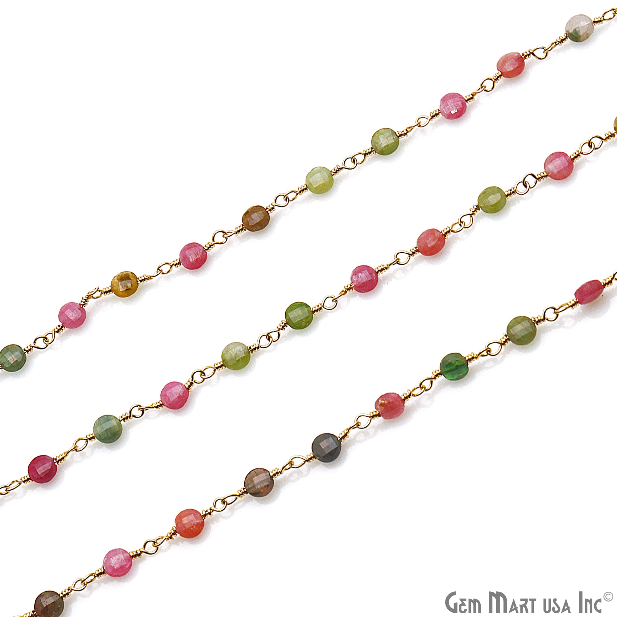 Multi Tourmaline Faceted 3-4mm Gold Wire Wrapped Rosary Chain - GemMartUSA