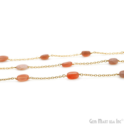 Peach Moonstone Tumble Beads 10x6mm Gold Wire Wrapped Rosary Chain