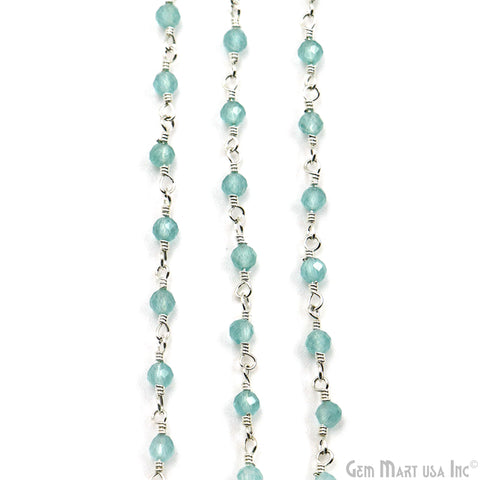 Aqua Monalisa Faceted Beads 3-3.5mm Silver Plated Gemstone Rosary Chain