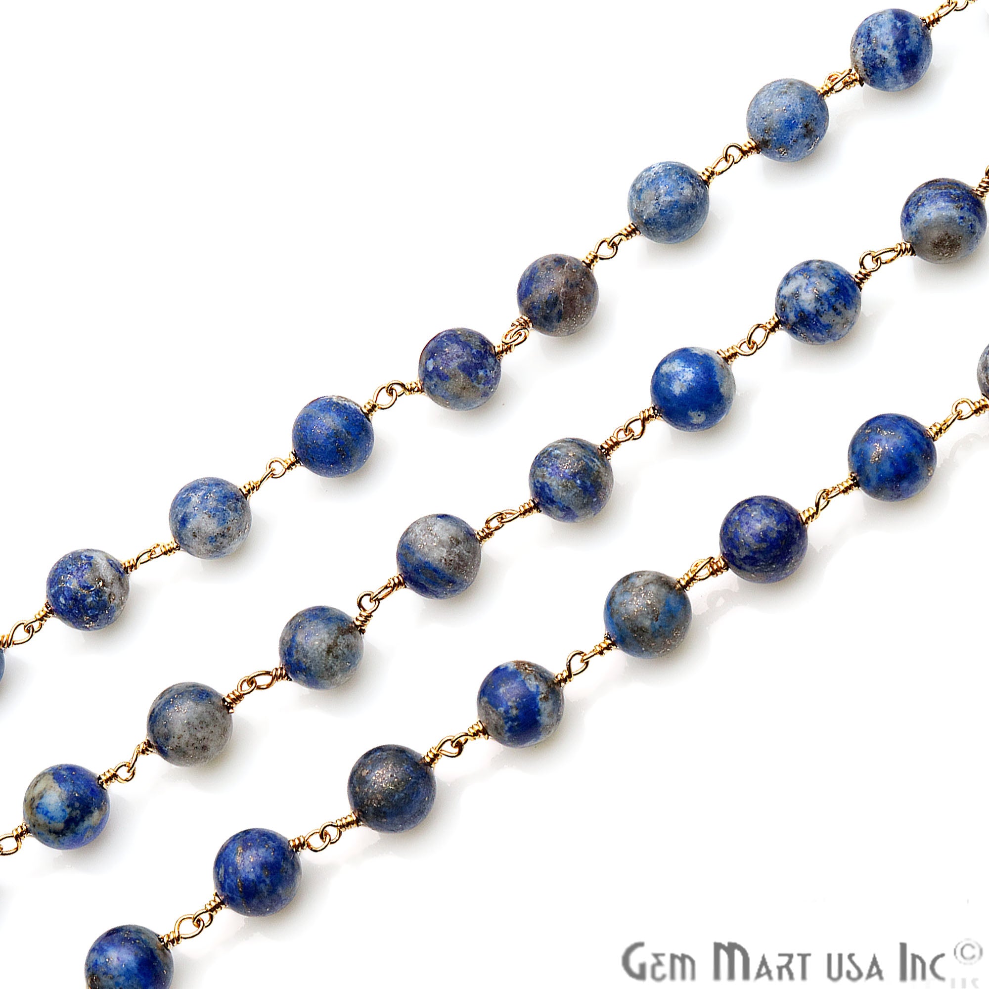 Lapis Smooth Beads 8mm Gold Plated Wire Wrapped Gemstone Rosary Chain - GemMartUSA