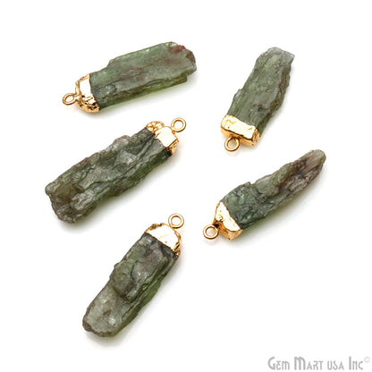 Green Kyanite Gemstone 34x10mm Organic Shape Gold Edged Single Bail Connector Charm