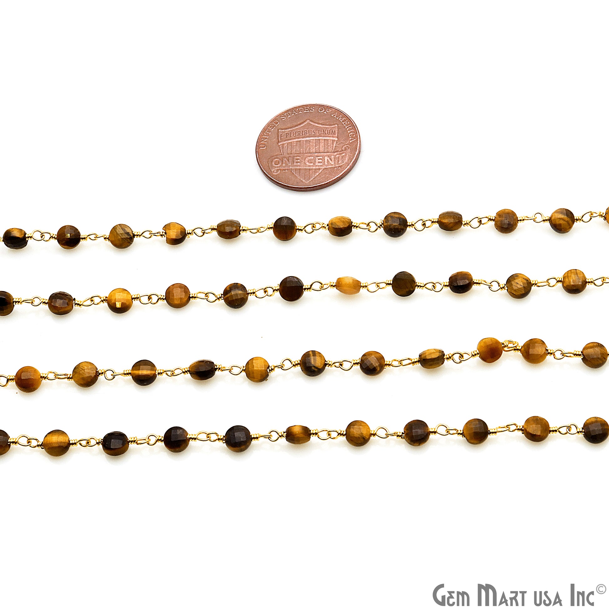 Tiger Eye Faceted 3-4mm Gold Wire Wrapped Rosary Chain - GemMartUSA