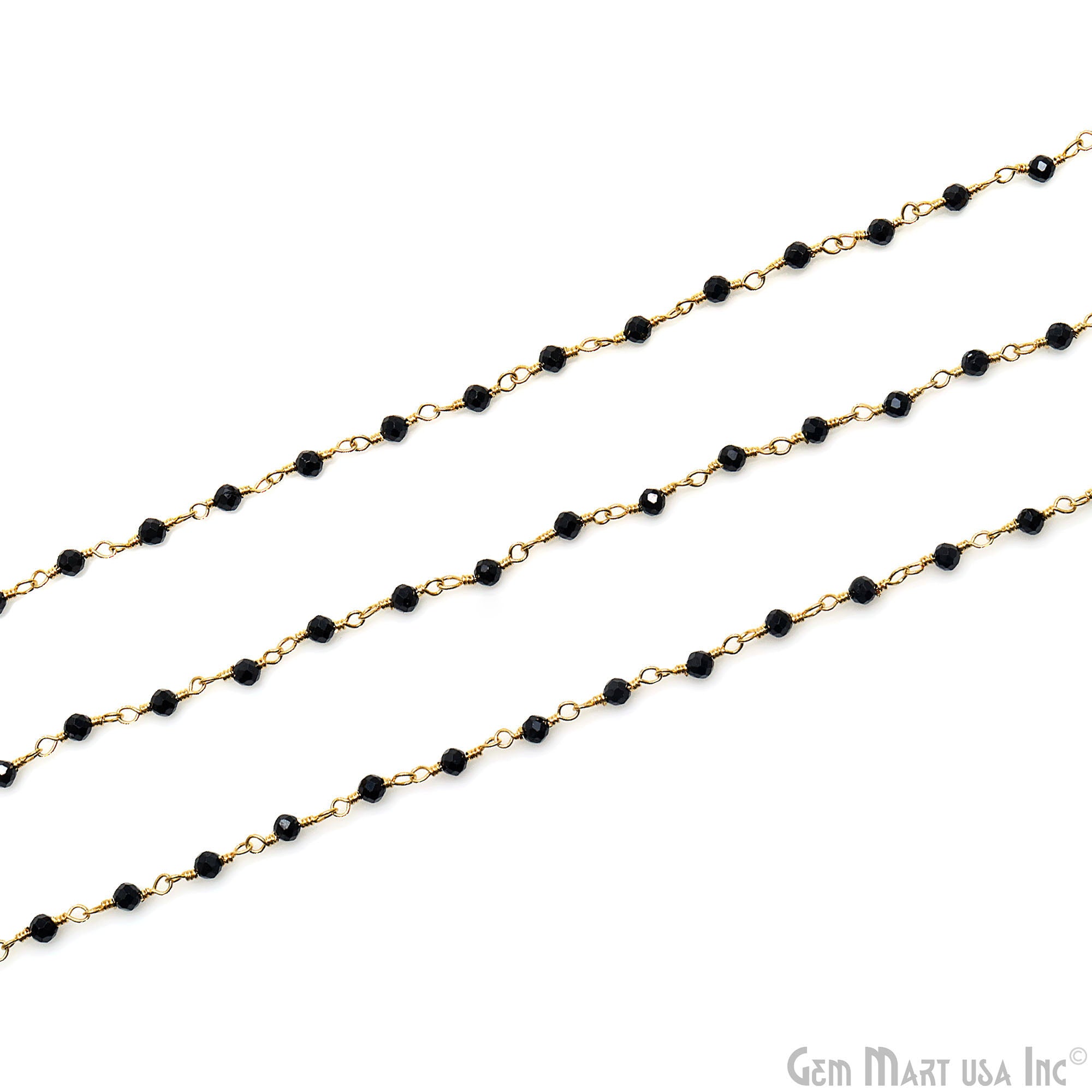 Black Spinel Smooth 2-2.5mm Gold Plated Wire Wrapped Gemstone Beads Rosary Chain (762919911471)