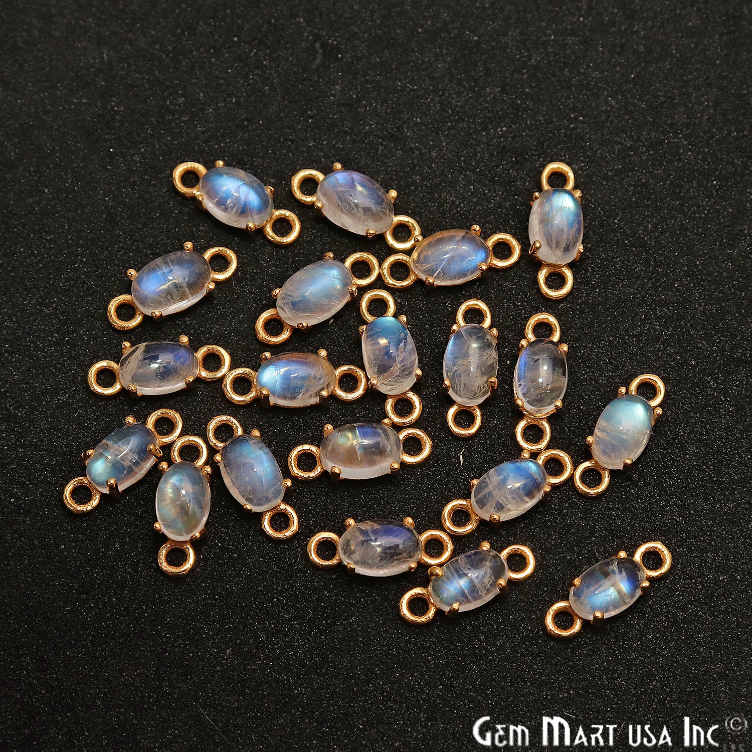 Rainbow Moonstone Cabochon 10x4mm Oval Prong Gold Plated Bail Connector - GemMartUSA