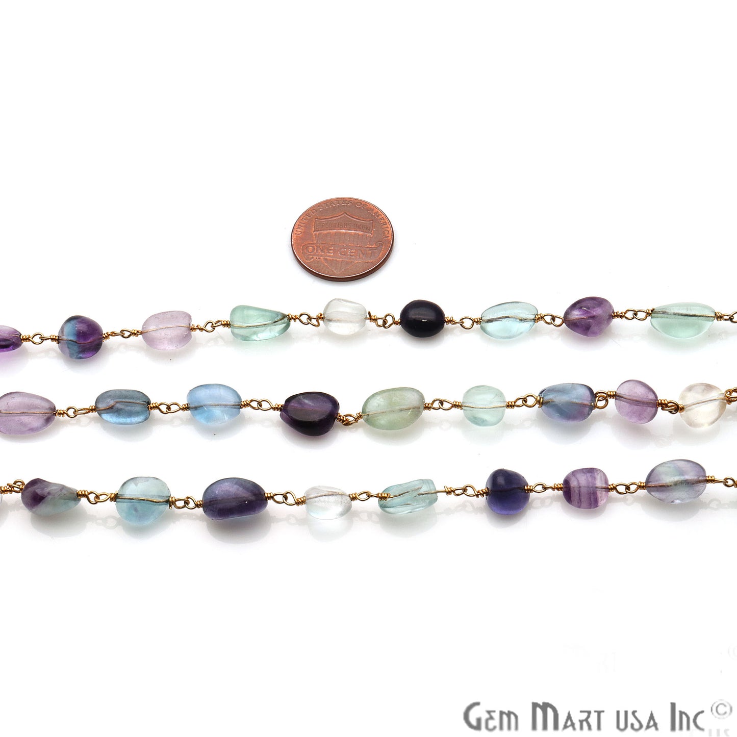 Dark Fluorite Tumble Beads 10x6mm Gold Plated Wire Wrapped Rosary Chain - GemMartUSA