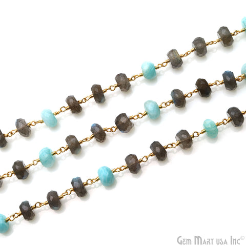 Labradorite With Amazonite Gold Plated Faceted Rondelle Beads Rosary Chain