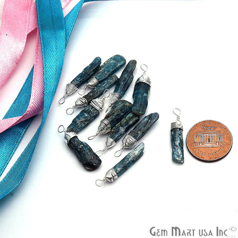 Blue Kyanite Silver Wire Wrapped 27x6mm Jewelry Making Rough Shape Connector - GemMartUSA