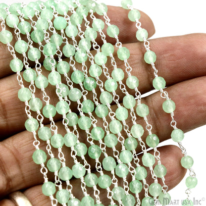 Baby Green Jade Beads Silver Plated Wire Wrapped Rosary Chain