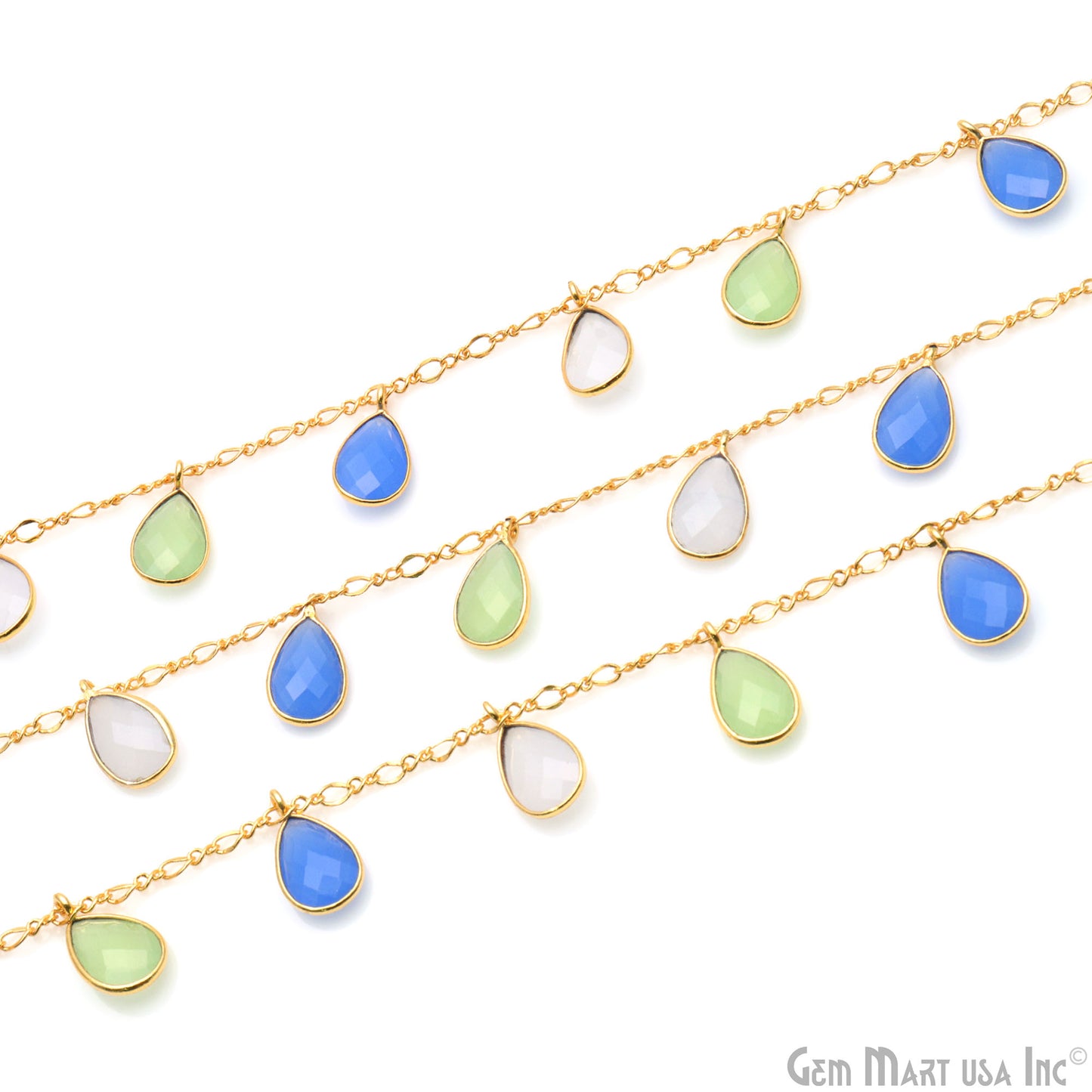 White Blue & Green Chalcedony Pears Gold Bezel Connector Dangle Rosary Chain