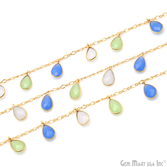 White Blue & Green Chalcedony Pears Gold Bezel Connector Dangle Rosary Chain