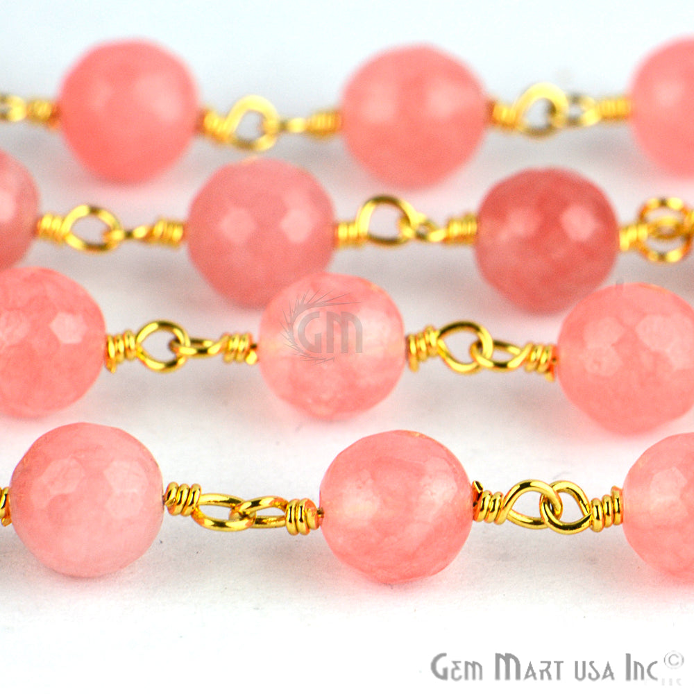 Pink Peach Jade Beads Gold Plated Wire Wrapped Rosary Chain - GemMartUSA (763648770095)