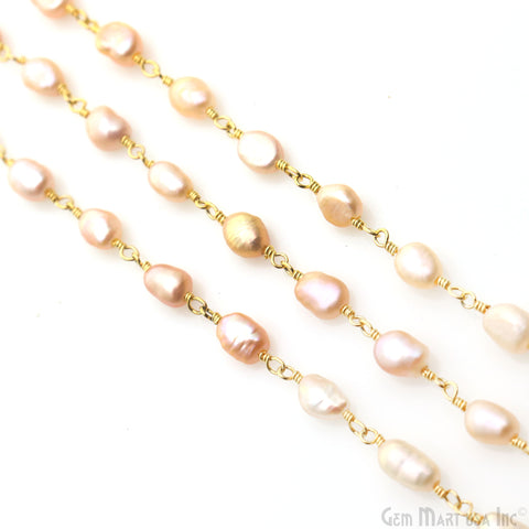 Pink Pearl Oval 5x4mm Gold Plated Beaded Wire Wrapped Rosary Chain