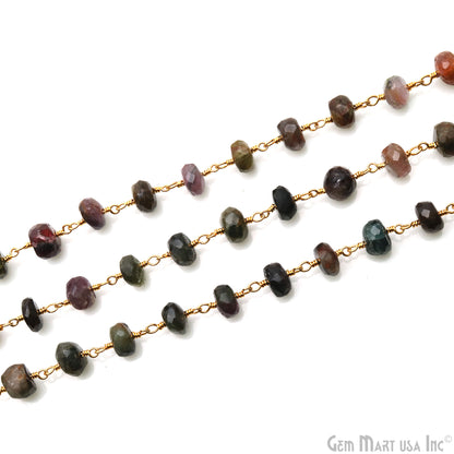 Multi Tourmaline Faceted Beads 7-8mm Gold Plated Wire Wrapped Rosary Chain