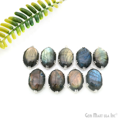 Flashy Labradorite Cabochon 29x18mm Oval Prong Silver Setting Single Bail Gemstone Connector