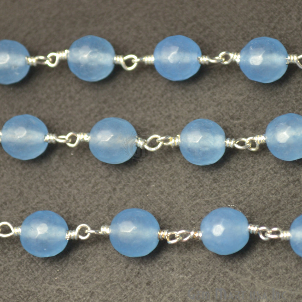 Baby Blue Jade Beads Silver Plated Wire Wrapped Rosary Chain (763812347951)