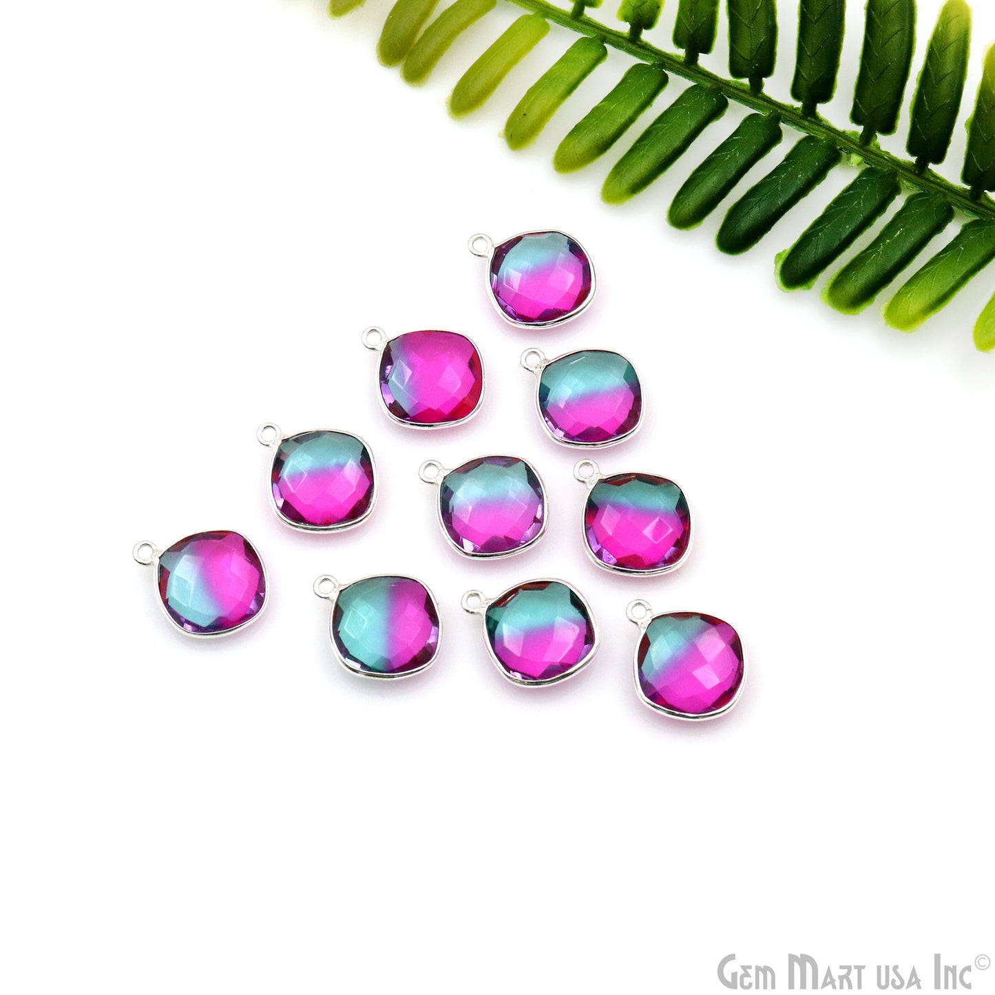 Green & Pink Doublet Aura Quartz Cushion 12mm Single Bail Silver Plated Gemstone Connector