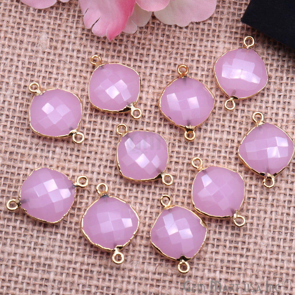 Rose Chalcedony 16mm Cushion Gold Electroplated Double Bail Gemstone Connector - GemMartUSA